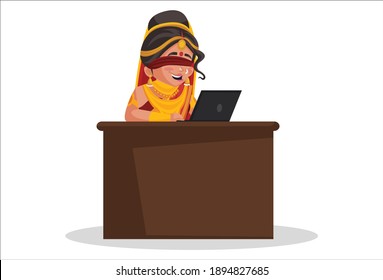 Gandhari is working on a laptop. Vector graphic illustration. Individually on white background.