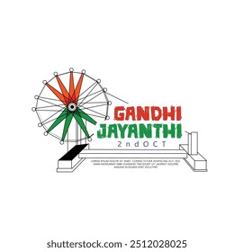 Gandhi Jayanti, 2nd October. A vibrant image celebrating Gandhi Jayanti, featuring  portrait of Mahatma Gandhi,  a spinning wheel and the text "Happy Gandhi Jayanti."