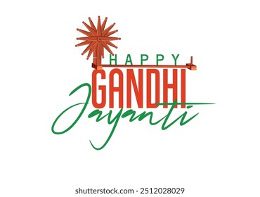 Gandhi Jayanti, 2 de outubro. Uma imagem vibrante celebrando Gandhi Jayanti, com um retrato de Mahatma Gandhi, uma roda giratória e o texto "Feliz Gandhi Jayanti."