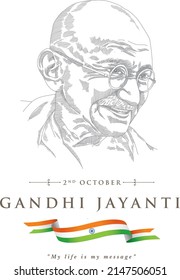 Gandhi Jayanti Greetings with his illustration and National flag.