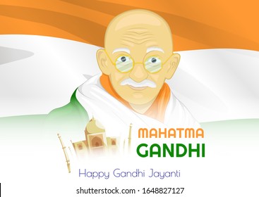 Gandhi Jayanti or October 2 with creative illustration design, the birthday of Mohandas Karam Chandra Gandhi. The flag of India in the background.