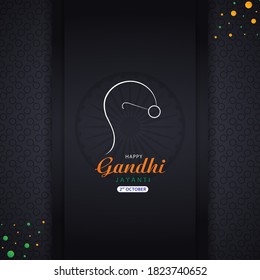 Gandhi Jayanti Wishes on 2nd october with Mahatma Gandhi Lineart and Indian Flag Tri colors, Eyeglasses Pattern Vector on Black Background.