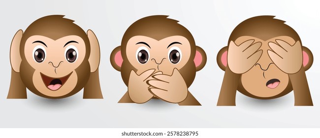 Gandhi's three monkey emoji vector set design. Isolated See-No-Evil Monkey, Hear-No-Evil Monkey, Speak-No-Evil Monkey, meme sign design.
