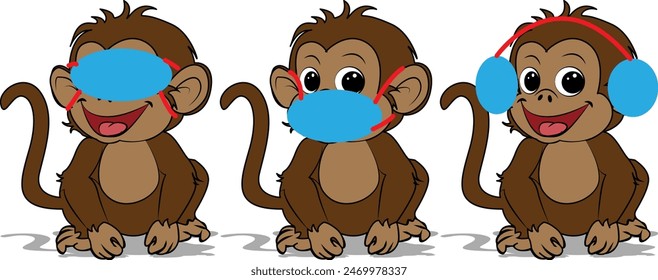 gandhi's three monkeys emoji icon set . see no evil , hear no evil , speak no evil . monkeys vector illustration icon isolated on white background .