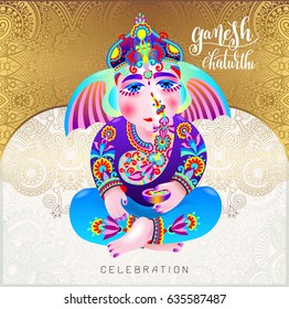ganesh chaturthi beautiful greeting card or poster for indian festival with lord ganesha and hand lettering on gold floral background, vector illustration