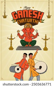 Ganesh Chaturthi Calligraphy with Ganesha Vector illustration and Indian man, woman celebrating Indian festival vector banner design template.