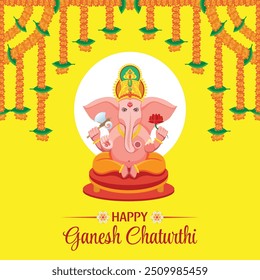 Banner de celebração de Ganesh Chaturthi com Lord Ganesha e pendurado Marigold Garlands