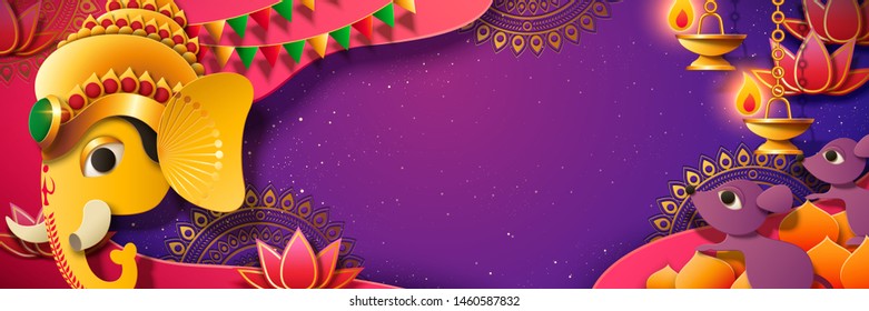 Ganesh Chaturthi festival banner with golden color Hindu god Ganesha head, purple background