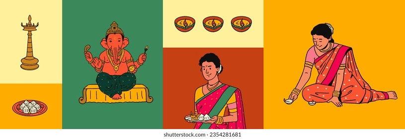 Ganesh Chaturthi festival celebrates Indian people's vector illustration with traditional elements Modak, Diyas and Indian Women. 