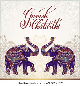 ganesh chaturthi greeting card design with two elephant, hand written lettering and gold floral background, vector illustration