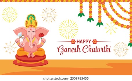 Cumprimento de Ganesh Chaturthi com Lord Ganesha, Marigold Garlands e fogos de artifício festivos