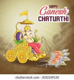 Ganesh Chaturthi greetings with Ganapati riding golden chariot pulled by mouse