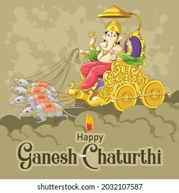 Ganesh Chaturthi greetings with Ganesh riding mouse chariot over clouds