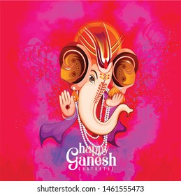 Ganesh Chaturthi, also known as Vinayaka Chaturthi with face god Ganesha on purple background and typographic, poster, card, 