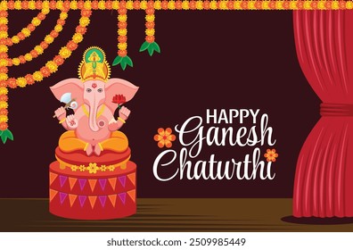 Ganesh Chaturthi com Lord Ganesha Idol no Palco Decorado com Marigold Garlands