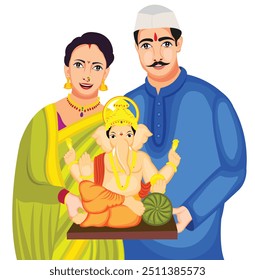 Ganesh Chaturthi | Marathi Couple Holding Lord Ganesh idol Vector Illustration