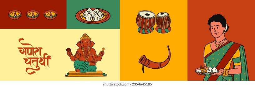 Ganesh Chaturthi Marathi, Hindi calligraphy Means "Ganesh Chaturthi" with Ganesha editable hand-drawn vector illustration, traditional festive background and festive elements.
