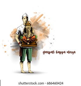 Ganesh Chaturthi - Men holding his hand Lord Ganesha ,Hand Drawn Sketch Vector illustration.