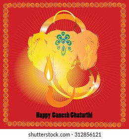 Ganesh Chaturthi - red greeting card for indian festival Vinayaka Chaturthi. Gold elephant head and fire on oil lamp vector illustration. Lord Ganesha - hindu god of luck and and prosperity. 