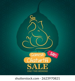 Ganesh Chaturthi sale banner with elegant Ganesha line art on leaf 50percent discount tag and festive design  ideal for Indian festival promotions posters and advertisements
