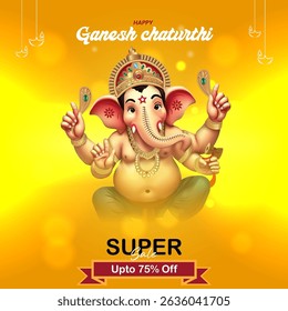 Ganesh Chaturthi Super Sale Advertisement with Hindu God Ganesha  Bright Yellow Background and 75% Off Banner for Ecommerce Marketing and Festive Promotions