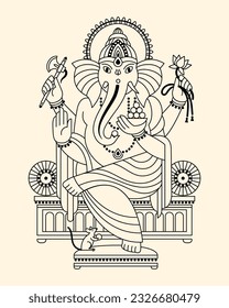 Ganesh figure linear contour black and white editable vector illustration, Happy Ganesh Chaturthi greeting card template, poster. Hindu God Ganpati modern style simple flat, line drawing. Tatoo design