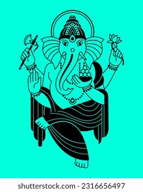 Ganesh, Ganpati figure black and white vector illustration, Happy Ganesh Chaturthi greeting card template, poster. Hindu God Ganesha modern style simple flat, line art. Tatoo, print design.