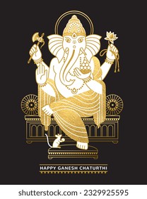 Ganesh, Ganpati figure golden foil, gold vector illustration, Happy Ganesh Chaturthi greeting card template, poster. Hindu God Ganesha modern style simple line art. Print design. Black background