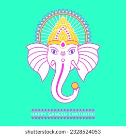 Ganesh head colorful vector linear illustration, Happy Ganesh Chaturthi greeting card, poster. Bright trendy colors. God Ganpati modern style simple flat, line art. Graphic design element.