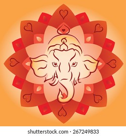 Ganesh Head on Lotus Mandala Background - Red Orange Colors
