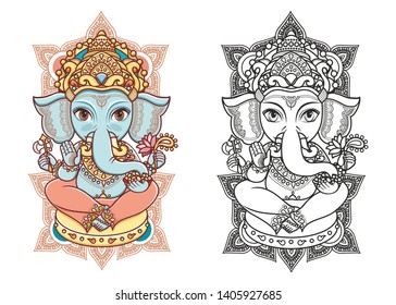 Ganesh. Hindu elephant God Lord Ganesha. Lord Ganpati on Ganesh Chaturthi background. Ganesha. Head God Lord Ganesh. Hindu elephant head God Lord Ganesh. Vector elements isolated. Tattoo. Ganesha