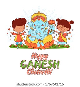 Ganesh indian god and kids character. Ganesh Chaturthi,kids,children celebrate,Indian ganesha. Vector cartoon character illustration.Isolated on white background. Happy Ganesh Chaturthi card concept