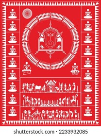 Ganesh Poja in der Warli-Malerei. 
Ganpati bhajan im ländlichen Raum warli Kunst und Malerei. Indische Kulturshow in warmer Wandzeichnung. 
Illustration, Vektorgrafik.