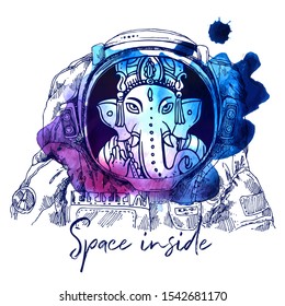 Ganesha in astrounaut helmet sketch . Hand drawn vector illustration. Perfect for print for t-shirt, poster.