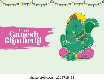  Ganesha Chaturthi, showing a colorful illustration of Lord Ganesha along with the text "Happy Ganesh Chaturthi."The artwork includes traditional decorative elements, such as a banner  with colorful