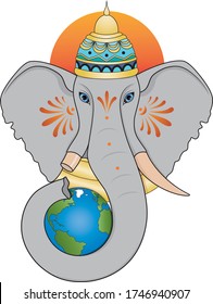 Ganesha in the crown holds the Earth with his trunk. The head of an elephant.