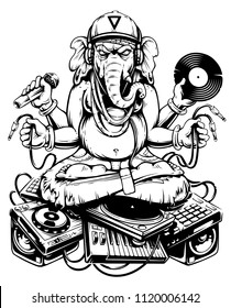 Ganesha Dj Sitting on Electronic Musical Stuff vector art. Ganesha in snapback, jeans and headphones keeping microphone, vinyl record and wires in his hands sitting on a bunch of electronic devices.