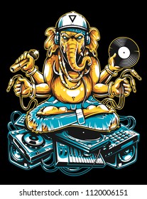 Ganesha Dj Sitting on Electronic Musical Stuff vector art. Ganesha in snapback, jeans and headphones keeping microphone, vinyl record and wires in his hands sitting on a bunch of electronic devices.