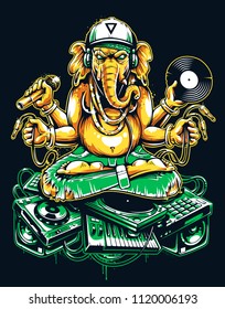 Ganesha Dj Sitting on Electronic Musical Stuff vector art. Ganesha in snapback, jeans and headphones keeping microphone, vinyl record and wires in his hands sitting on a bunch of electronic devices.