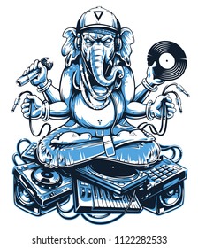 Ganesha Dj Sitting on Electronic Musical Stuff. Ganesha in snapback, jeans and headphones keeping microphone, vinyl record and wires in his hands sitting on a bunch of electronic musical devices.
