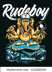 Ganesha Dj Sitting on Electronic Musical Stuff vector art. Ganesha in snapback, jeans and headphones keeping microphone, vinyl record and wires in his hands sitting on a bunch of electronic devices.