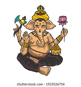 Ganesha elephant indian god color sketch engraving vector illustration. Scratch board style imitation. Black and white hand drawn image.