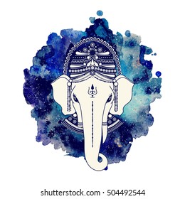 Ganesha, or Ganapati, Indian deity in the Hindu. Vector illustration for design of prints, web, festive, Chaturthi invitations. On watercolor paint background.