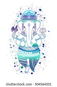 Ganesha, or Ganapati, Indian deity in the Hindu, in blue color isolated on a white background. Paint splash. Vector illustration for design of prints, web, festive, Chaturthi invitations.