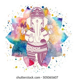 Ganesha, or Ganapati, Indian deity in the Hindu. On watercolor lotus flower with paint splash. Vector illustration for design of prints, web, festive, Chaturthi invitations.