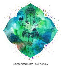 Ganesha, or Ganapati, Indian deity in the Hindu. Silhouette on a green lotus flower with splash. Vector illustration for design of prints, web, festive, Chaturthi invitations.