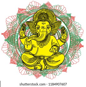 Ganesha is a god. The head of an elephant. Indian deity, religious symbol. Drawing by hand.