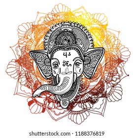 Ganesha is a god. The head of an elephant. Indian deity, religious symbol. Drawing by hand.