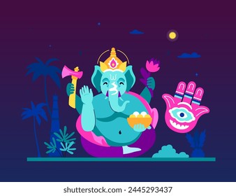 Ganesha and Hamsa Amulet - modern colored vector illustration with hindu many-armed deity with the head of an elephant and a charm in the form of a palm with an eye. Religion and beliefs idea