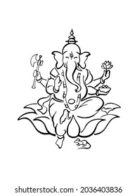 Ganesha, Hindu god of beginnings and wisdom, sitting on lotus flower with a mouse at his feet, silhouette symbol, hand drawn ink sketch. Ganesh Chaturthi. Design for prints, decor, web